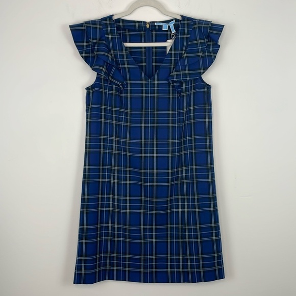 Draper James Plaid Ruffle Shoulder Mini Dress. Size 8. NWT. In Nassau Navy. - Picture 1 of 16